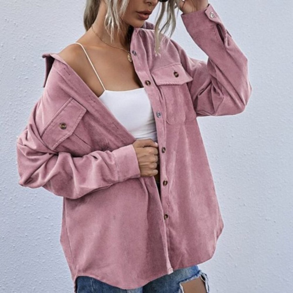 Pink Boyfriend oversized Button Front Corduroy sha - Picture 2 of 6